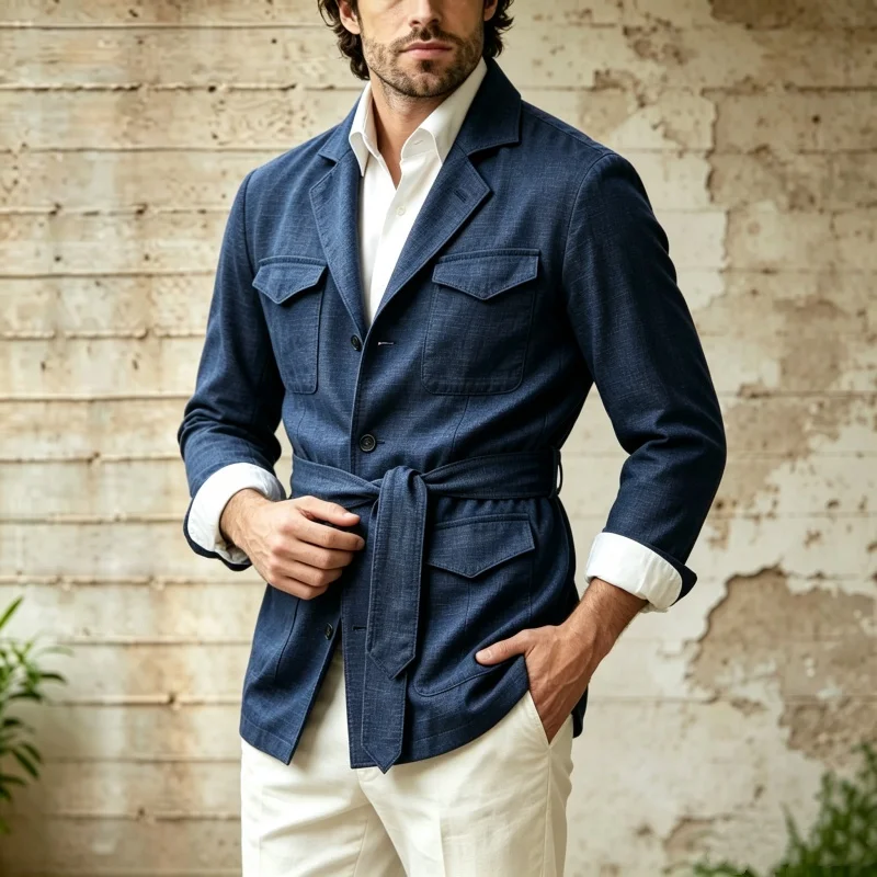  Linen Men's Suit Blazer Summer Thin Lightweight Belt Jacket Lapel Single-Breasted Retro Hunting Coat Casual Wedding Beach   ﻿