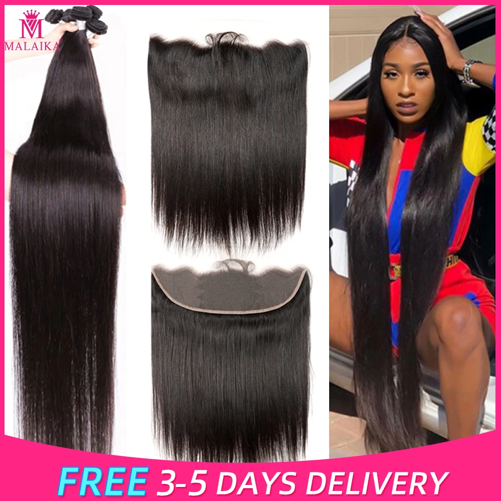 Malaika pelo 38 40 pulgadas pelo brasileño recto mechones con 13x4 Frontal extensiones de cabello humano mechones con cierre Remy extensión del