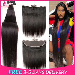 Malaika pelo 38 40 pulgadas pelo brasileño recto mechones con 13x4 Frontal extensiones de cabello humano mechones con cierre Remy extensión del cabello