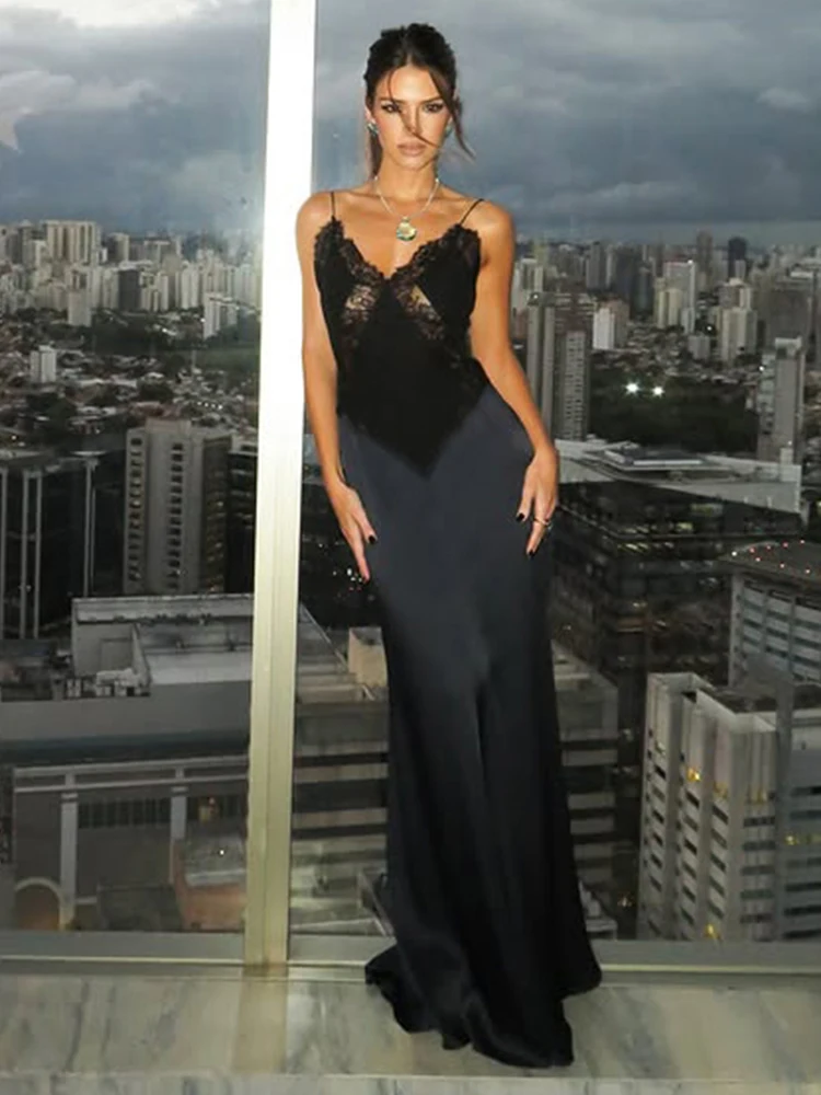 Whatiwear حفلة موسيقية فساتين حبال امرأة منخفضة الرقبة عارية الذراعين سليم عالية الخصر رداء منتصف الليل أنيقة الدانتيل المرقعة موضة Vestidos