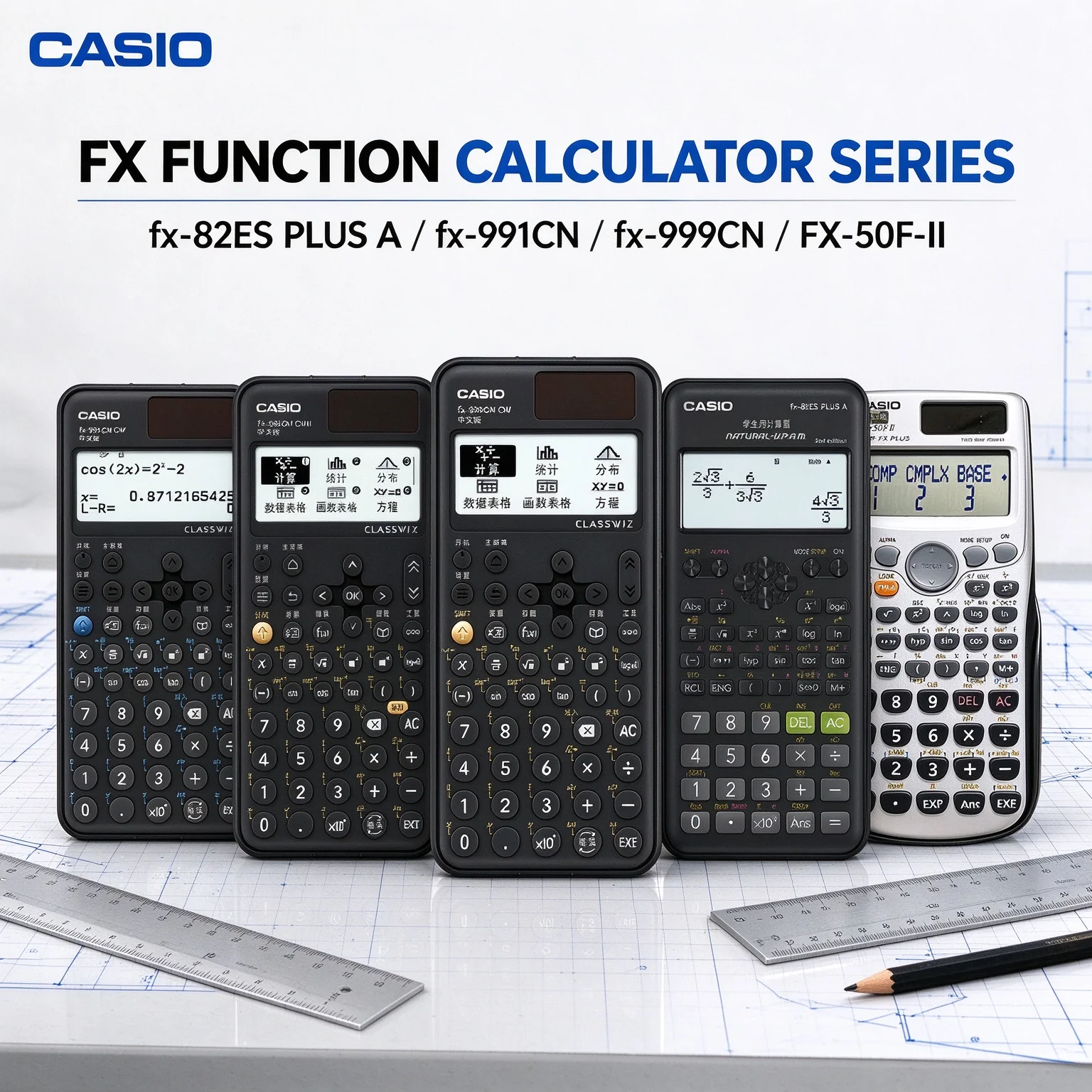 Casio Durable Function Calculator FX-82ES/FX-991/FX-991CN-CWII/FX-999CN-CW/FX-999CN-CWII/FX-50F/MH-12, for math learning