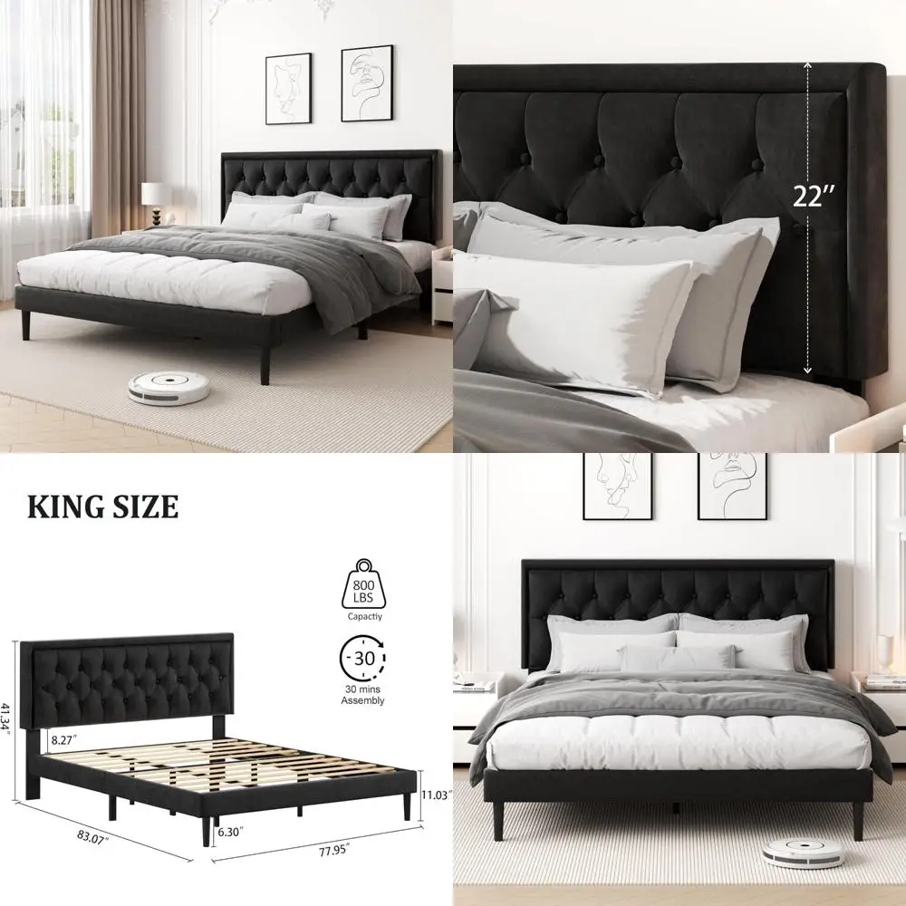 

King-Size Upholstered Velvet Button Tufted Platform Bed Frame with Mattress Foundation and Wooden Slat Support