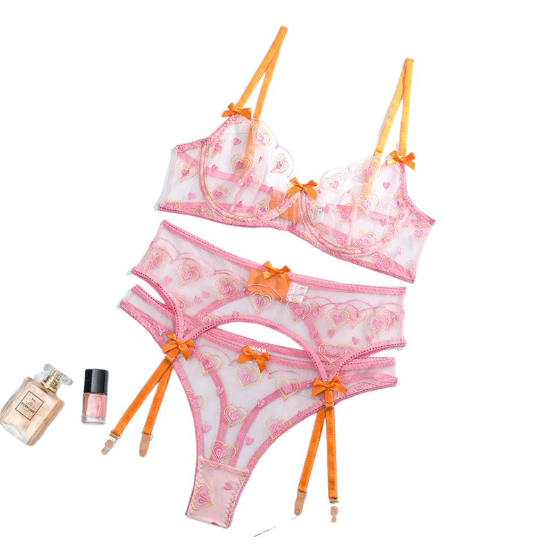 

Сексуальный комплект нижнего белья из розовой прозрачной сетки с принтом в виде сердечек и маленьким бантиком, эротический комплект для женщин.