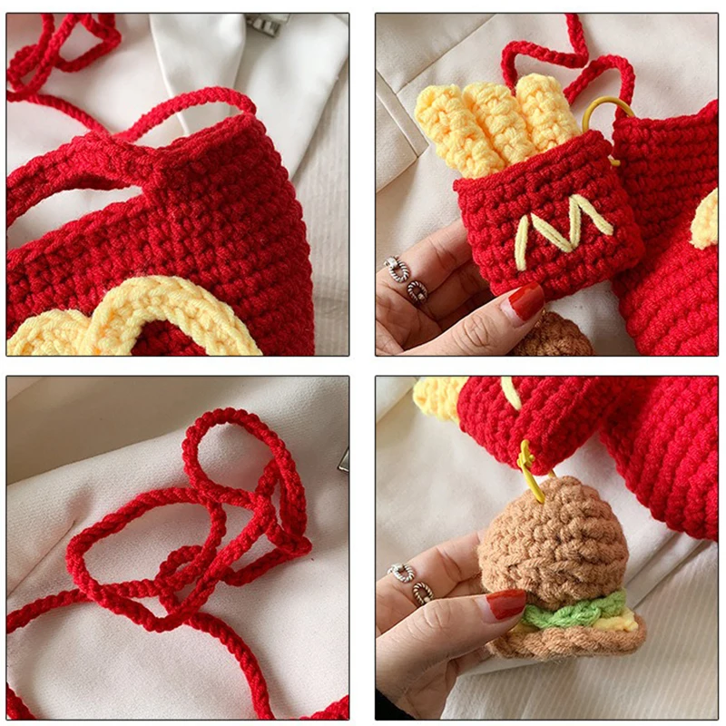 MINISO Handmade Crochet Burger Fries Woolen Bag Cute Bag Shoulder Small Crossbody Bag