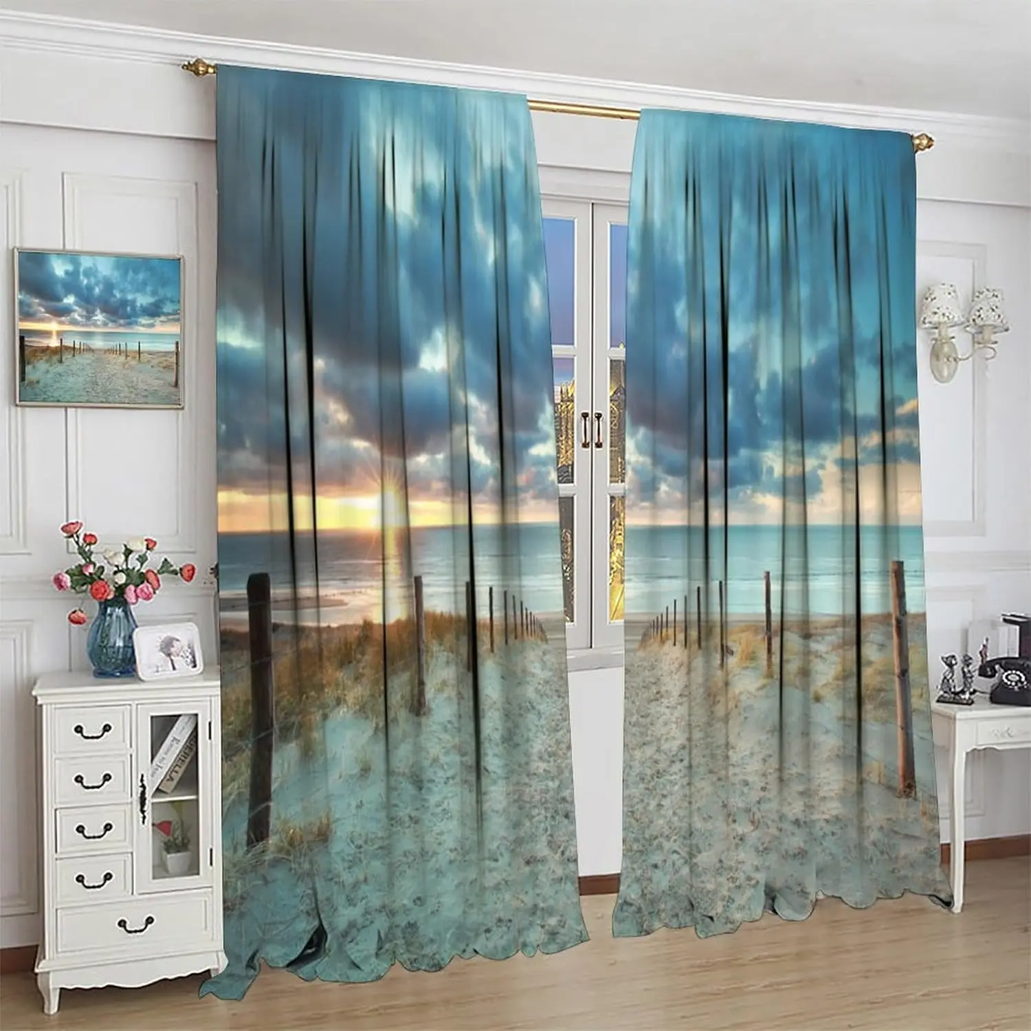 Beach Curtains Tropical Seaside Dark Clouds Sunshine Sunset Natural Landscape Window Treatments Bedroom Kitchen Living Dining