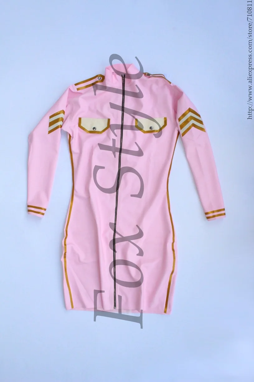 Latex uniform dress in pink and gold white trim  (including waist belt)