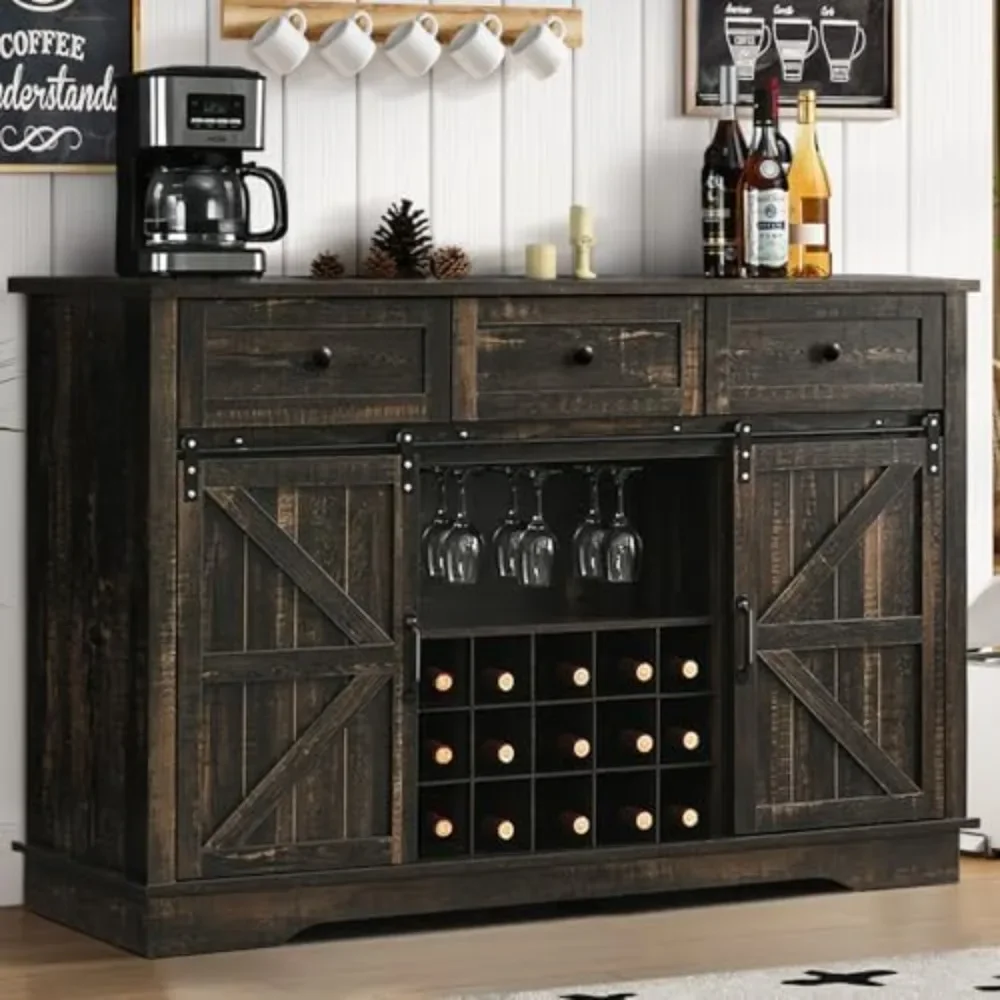 

54" Wine Cabinet with Sliding Barn Doors, 15 Wine Rack & Glass Rack, Large Rustic Farmhouse Bar Cabinet