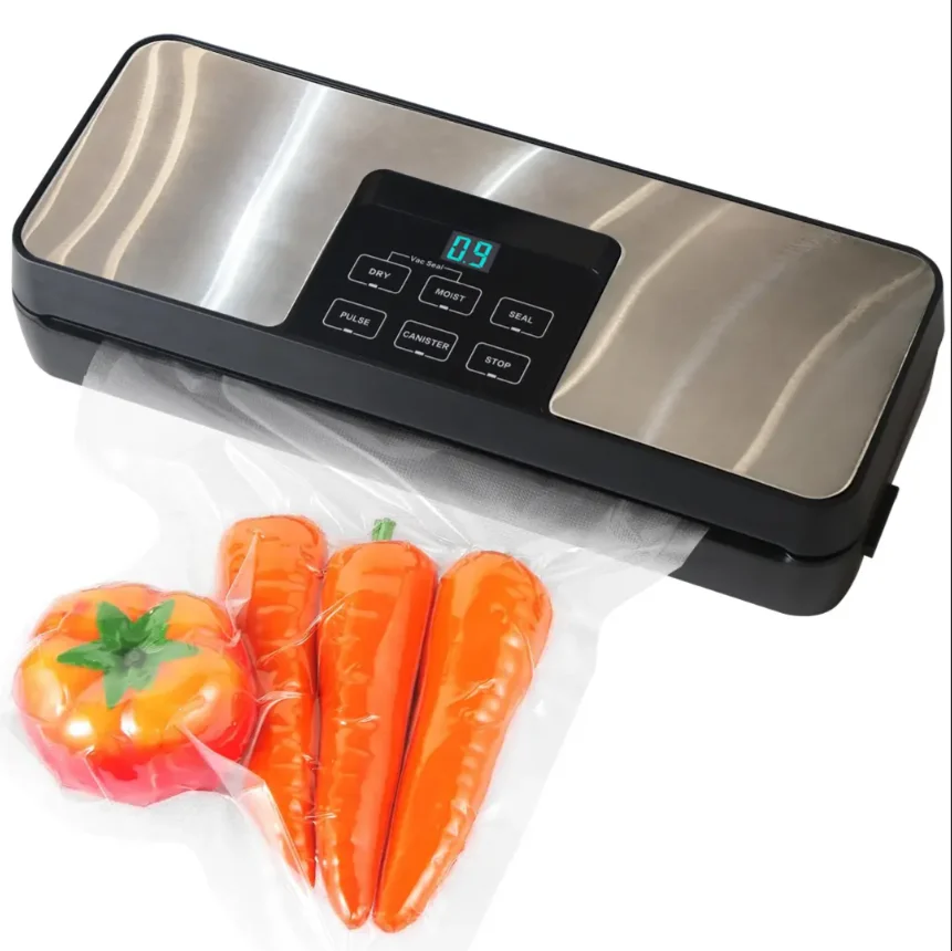 Stainless Steel Food Vacuum Sealer Machine LED Time Display Vacuum Sealer Built in Roll Bags Vacuum Sealer