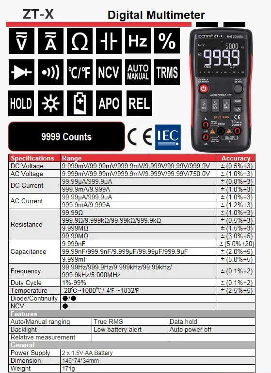 Digitale multimeter ZOYI ZTX T-RMS Automatische Range Voltmeter Ampèremeter Capaciteit Ohm NCV Tester Professioneel Autoreparatiegereedschap