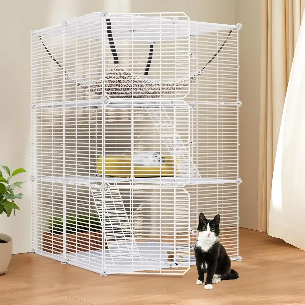 3-Tier Indoor Cat Cage with Extra Large Hammock 1-2 Cats 28x28x41 DIY Playpen and Metal Kennel Stable Durable Easy Assembly &