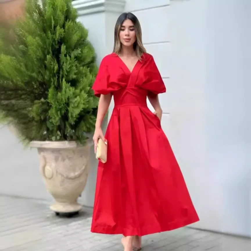 

Women Dresses V Neck Solid Ankle Length Dress Loose Party Puff Sleeve Spliced Vestidos Shirring Pockets A Line Casual Elegant