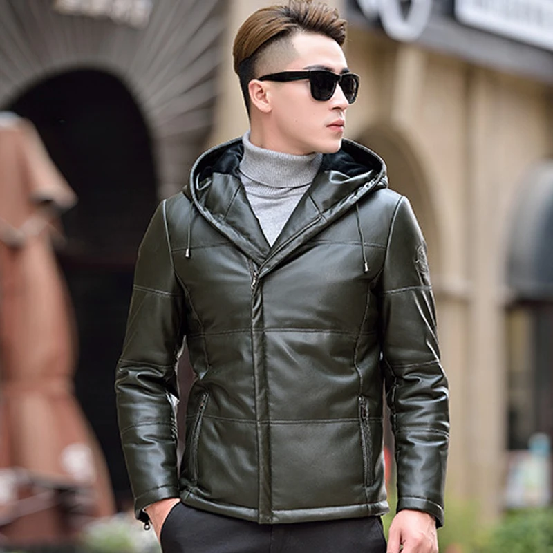 Men\'s Genuine Leather Down Jacket Man Short Sheepskin Coat Thickened Hooded Down Coat Slim Fit  Korean Luxury Puffer Jacket Men