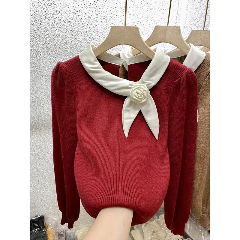 Female Simplicity Patchwork Knitting Pullovers Autumn Winter Slim Bottoming Shirt Sweater Long Sleeve Top Tee Women Clothing