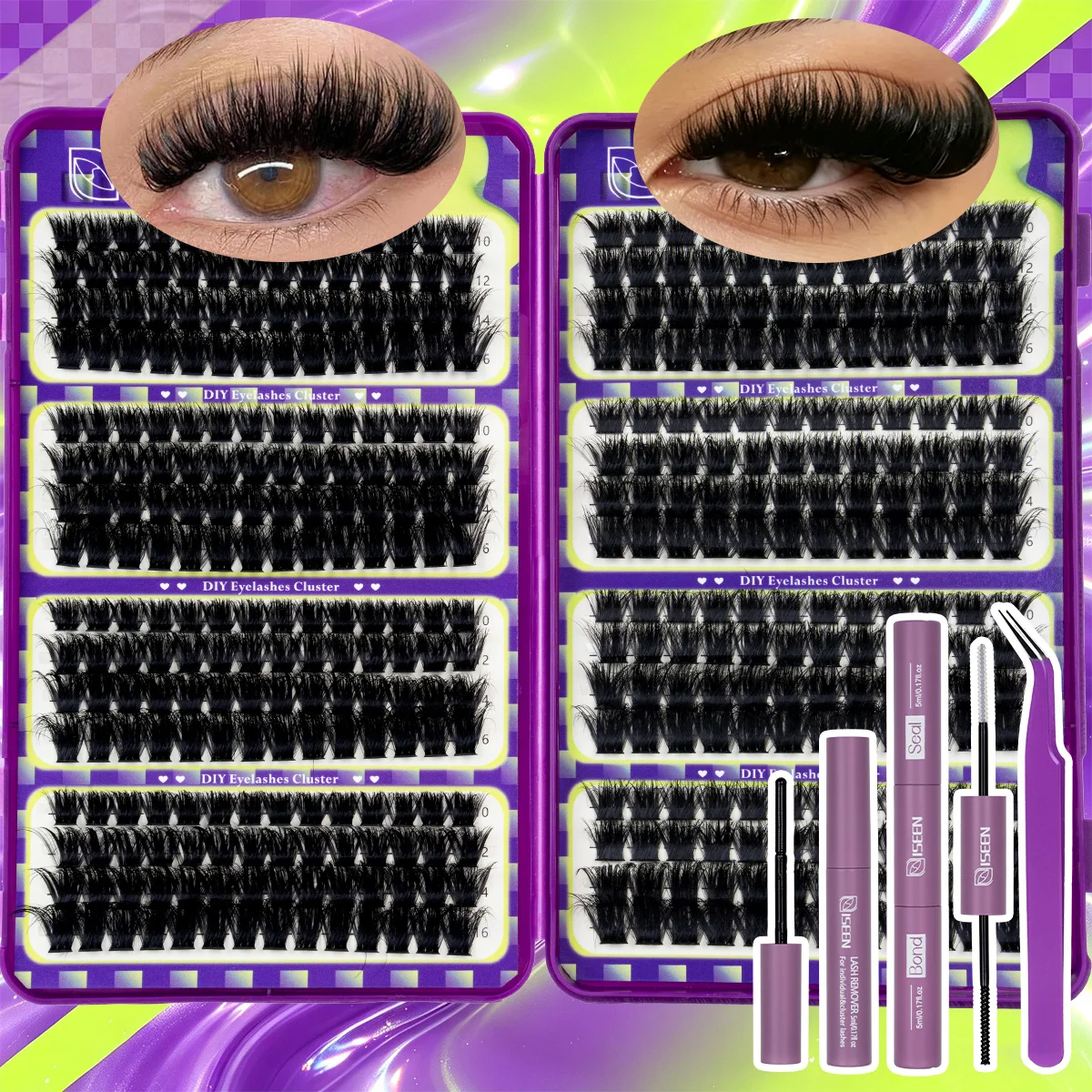 Wimpernbüschel-Set, Einzelwimpern-Verlängerungsset, Wispy Wimpernbüschel mit Wimpernkleber und Versiegelungsmittel sowie Pinzetten, verschiedene Stile – Detail 10