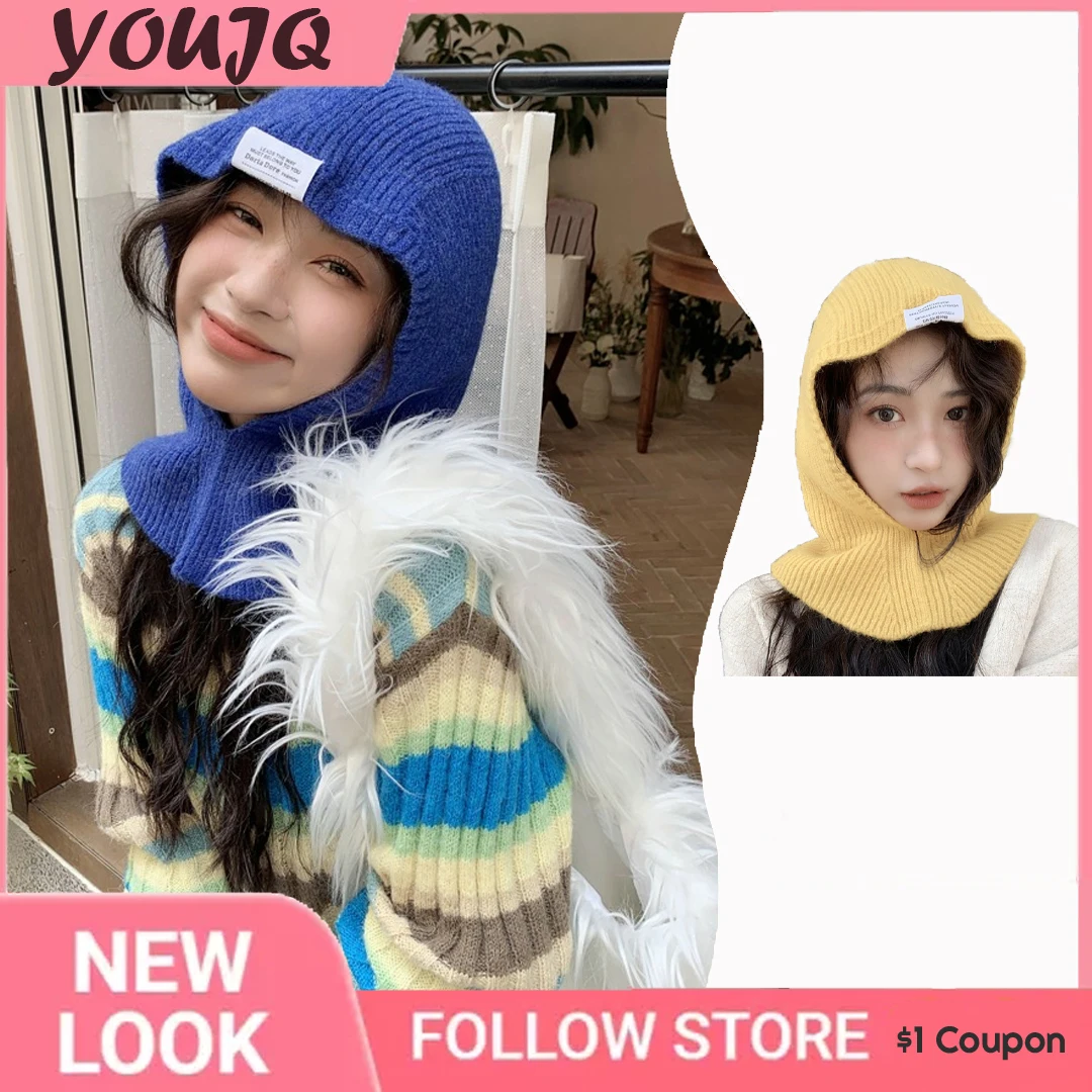 

Y2K Balaclava Magic Women Knitted Beanies Cap Pullover Pure Color Solid Winter Warm Ring Scarf Neck Hats For Women