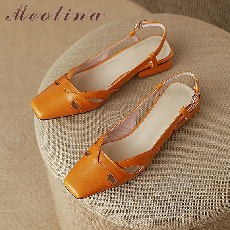 Meotina Women Genuine Leather Slingbacks Pumps Square Toe Thick Mid Heels Buckle Ladies Fashion Shoes Summer Orange Beige 43