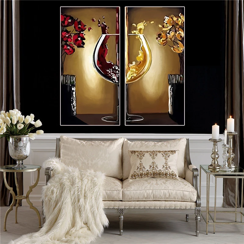 Red Wine Glass Flower OIl Painting on Canvas Bar Restaurant Kitchen Posters and Prints Wall Picture for  Dinning Living Room