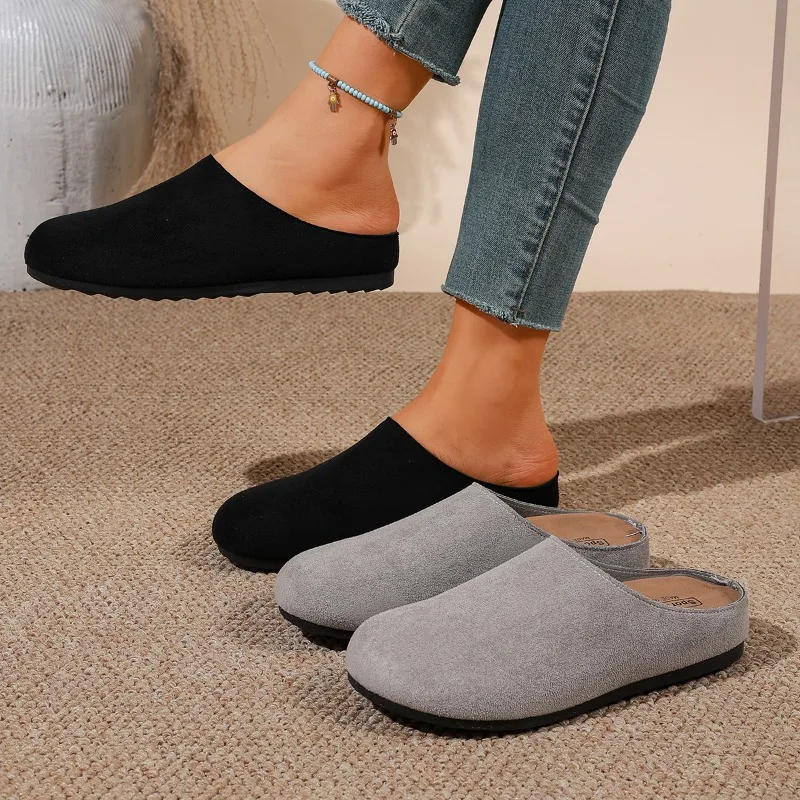Women Gray Faux Suede Backless Mule Clogs Round Toe 3.5CM Platform Slip on Comfort Walking Casual Slide Shoes
