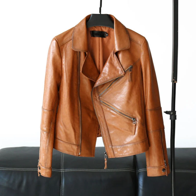 Real Leather Motorcycle Jackets for Women Retro Distressed Oil Waxed Leather Slim-fit Jacket 2025 Female Short Sheepskin Coats