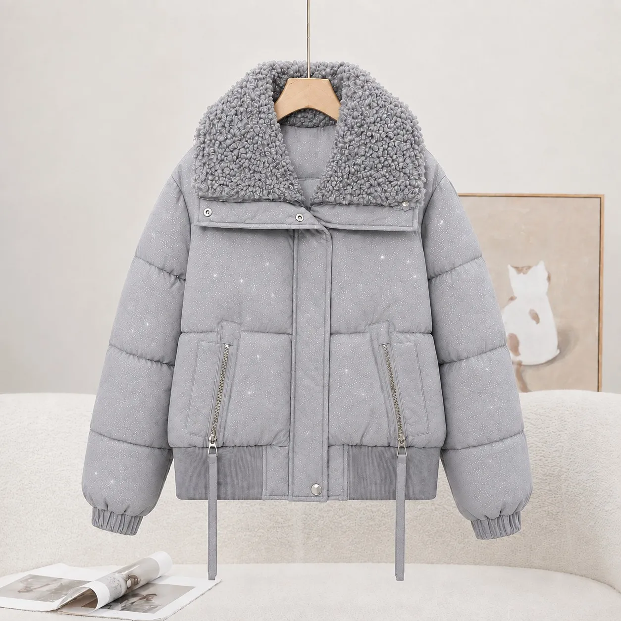 Women Cropped Parkas Jacket Teddy Fleece Big Collar Winter Warm Sparkly Quilted Coat Ladies Elastic Hem Zipper Pocket Outerwear