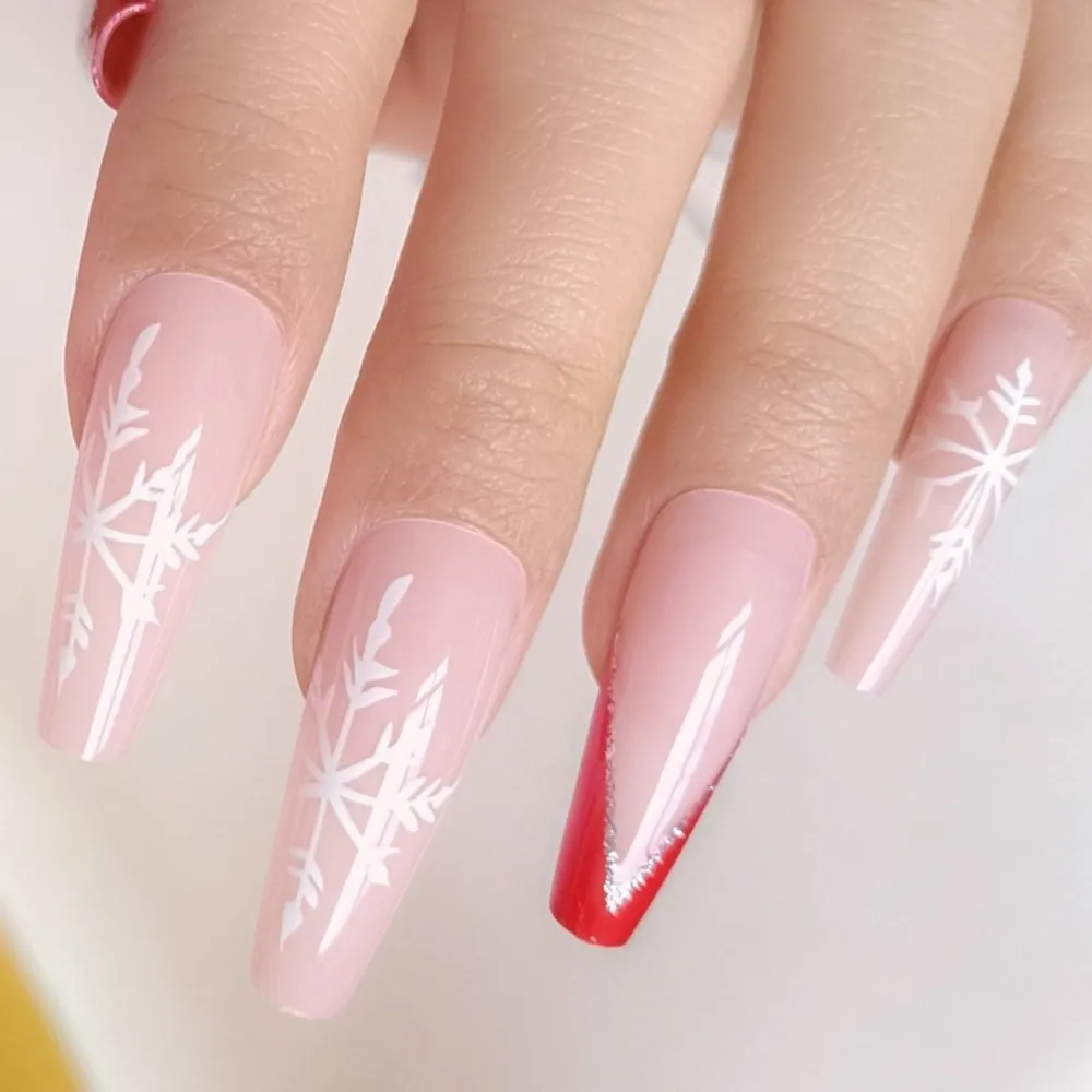 

Christmas Acrylic Press On Nails Red French Fake Nails With Stickers Snowflakes Long Coffin Shape Manicure Accessory