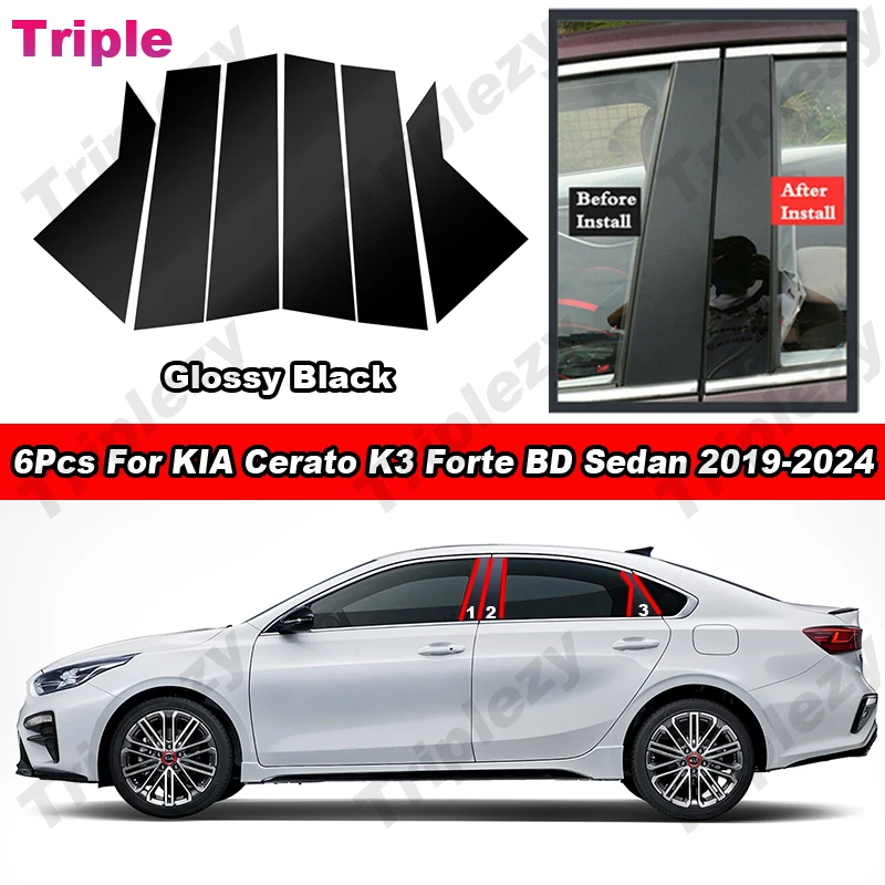 

6Pcs Glossy Piano Black/Carbon Fiber Style Door Window Pillar Post Cover Trim Sticker For KIA Forte K3 Cerato BD Sedan 2019-2024
