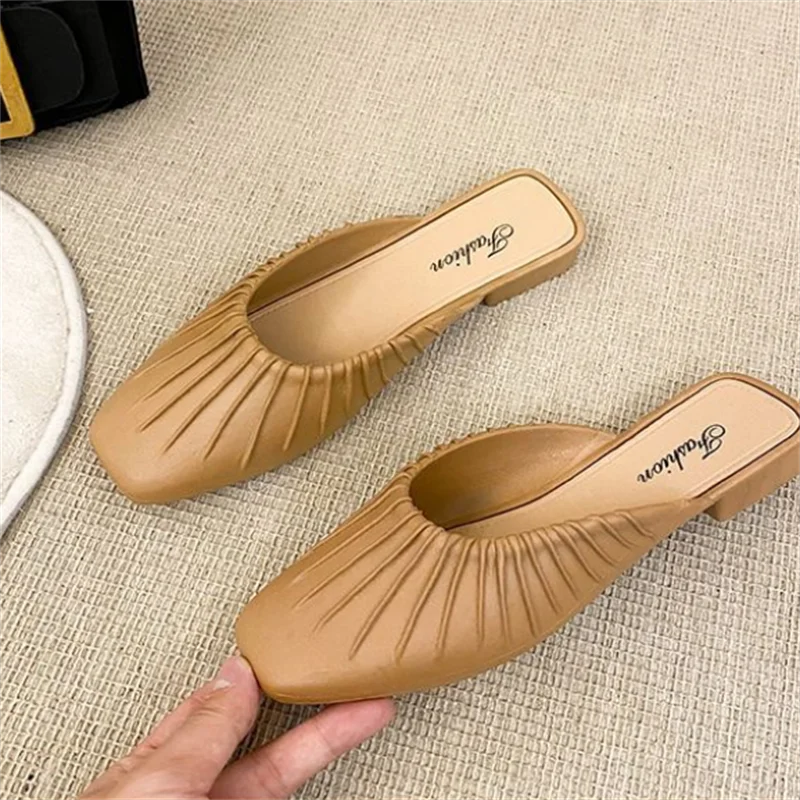 Grace Half Slippers for Women New Heelless Baotou Low Heel Cool Slippers Net Red Fold Shoe Fashion Beach Shoes Women's Shoes