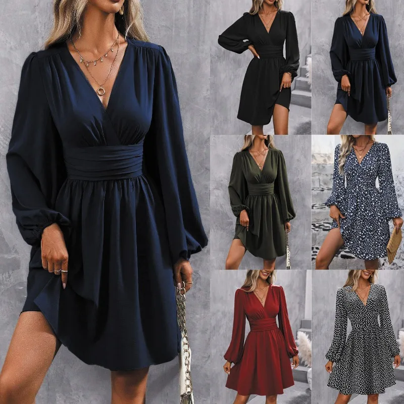 الأوروبية والأمريكية الخريف والشتاء نمط جديد الخامس الرقبة فانوس الأكمام مطوي الديكور سليم صالح الخصر اللباس للنساء