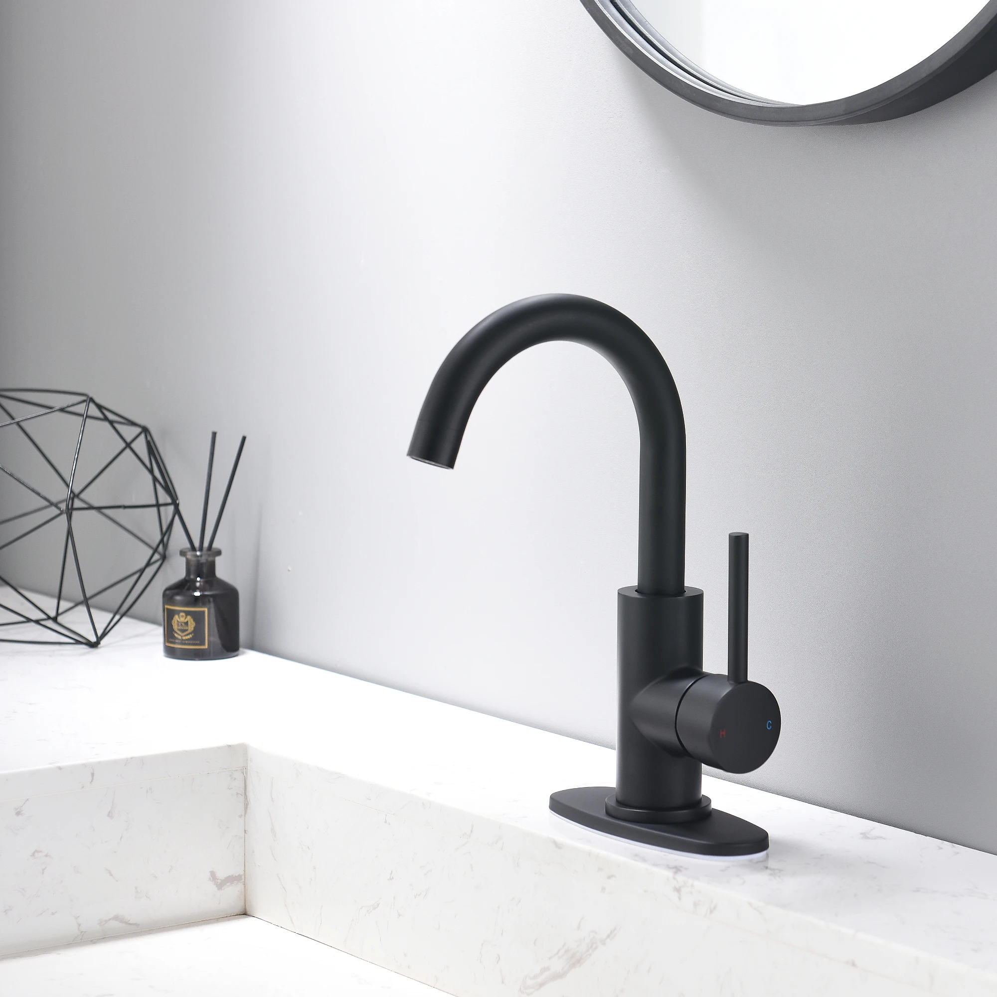 

Matte Black Single Hole Bathroom Faucet with Pop Up Drain Single Handle Lavatory Sink Faucet with Deck Plate and Swivel Spout