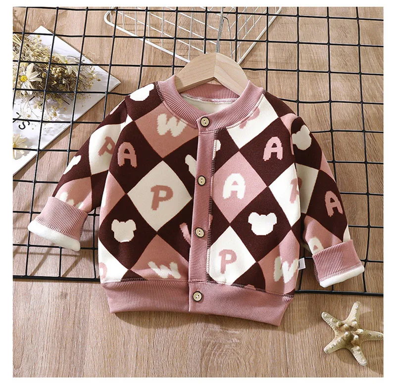 1-7T Children Long Sleeved Jacket Fur Padded Cute Girls Coat Kids Autumn Sweet Cherry Checkered Pattern Warm Cardigan Outwear