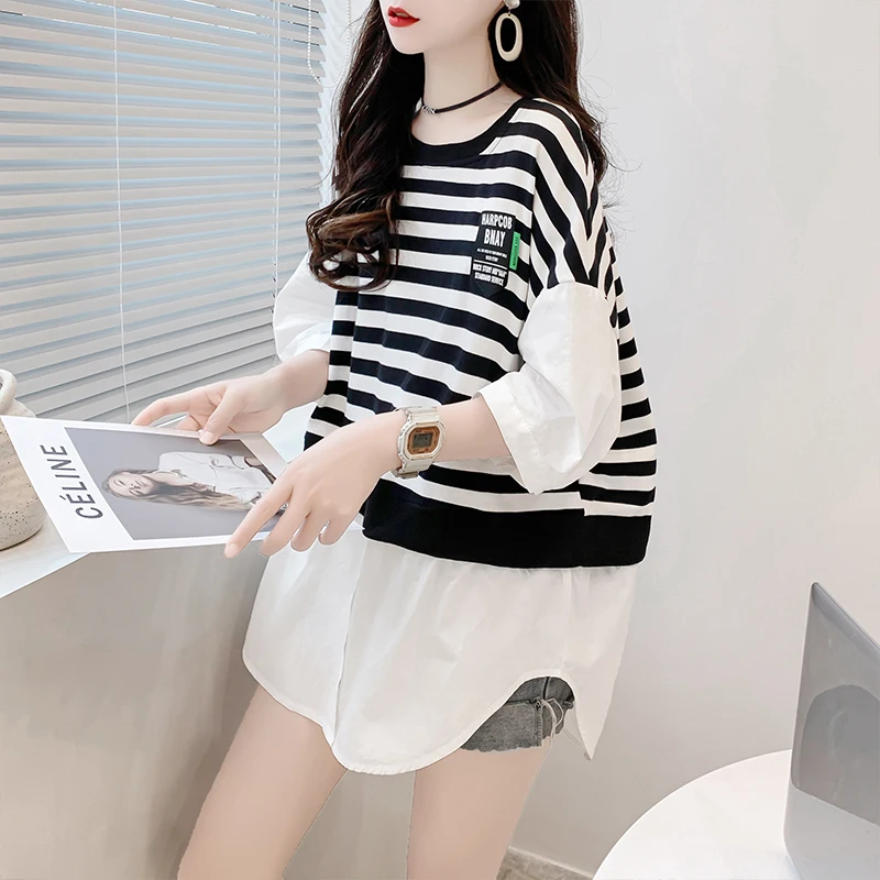 Real shot Korean version of cotton with new striped splicing fake two-piece short sleeved t-shirt and oversized women's clothing