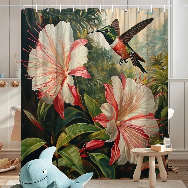 

Радужная колибри и фиолетовый цветок Моющаяся грязеотталкивающая занавеска для душа Насадка для душа водонепроницаемая полиэстеровая занавеска для ванны