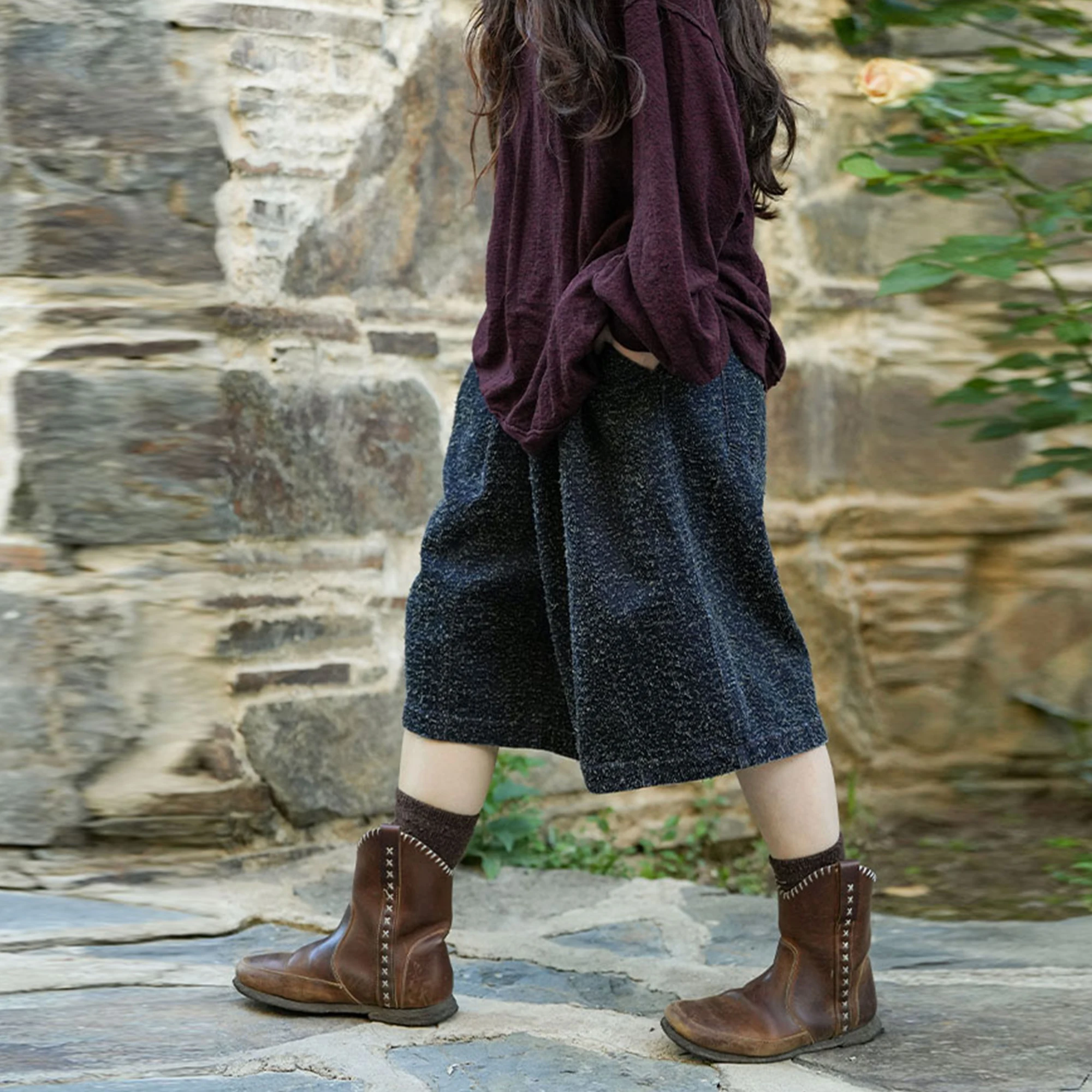 

PengPengHome 604 Early Autumn New Cotton Linen Blend Texture Wide Leg Pants Mid-Length Five-Point Cloud Mist in the Fog