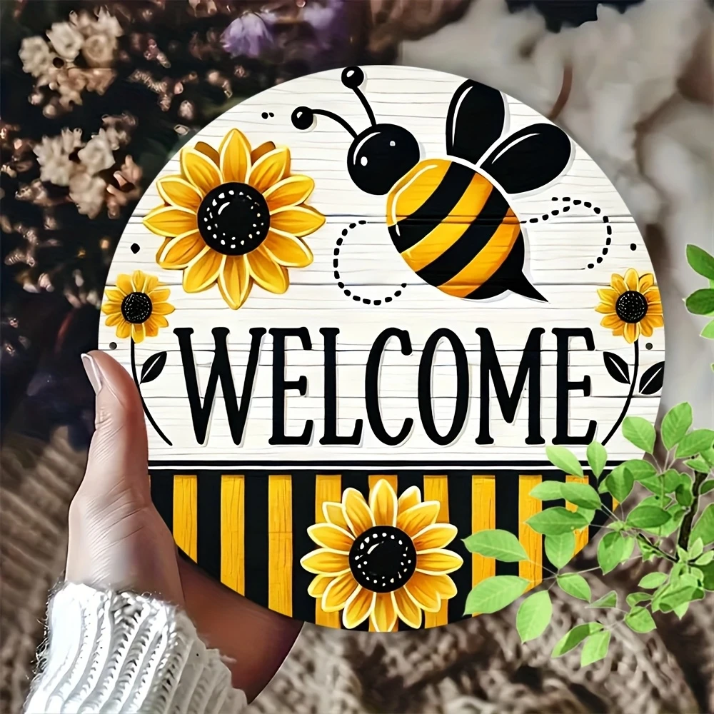 8in Round Wooden Circular Disc Bee Welcome Sign, Hanging at the Entrance of the Porch or Doorway of the Home, 2D