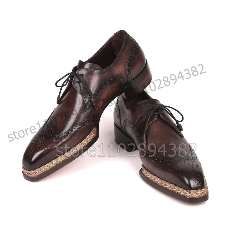 Brown Knitted Carving Design Square Toe Men Derby Shoes Fashion Lace up Men Shoes Luxury Handmade Party Banquet Men Dress Shoes