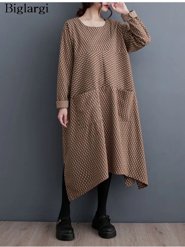 

Oversized Geometric Print Autumn Long Dress Women Split Modis Loose Ruffle Pleated Ladies Dresses Long Sleeve Casual Woman Dress