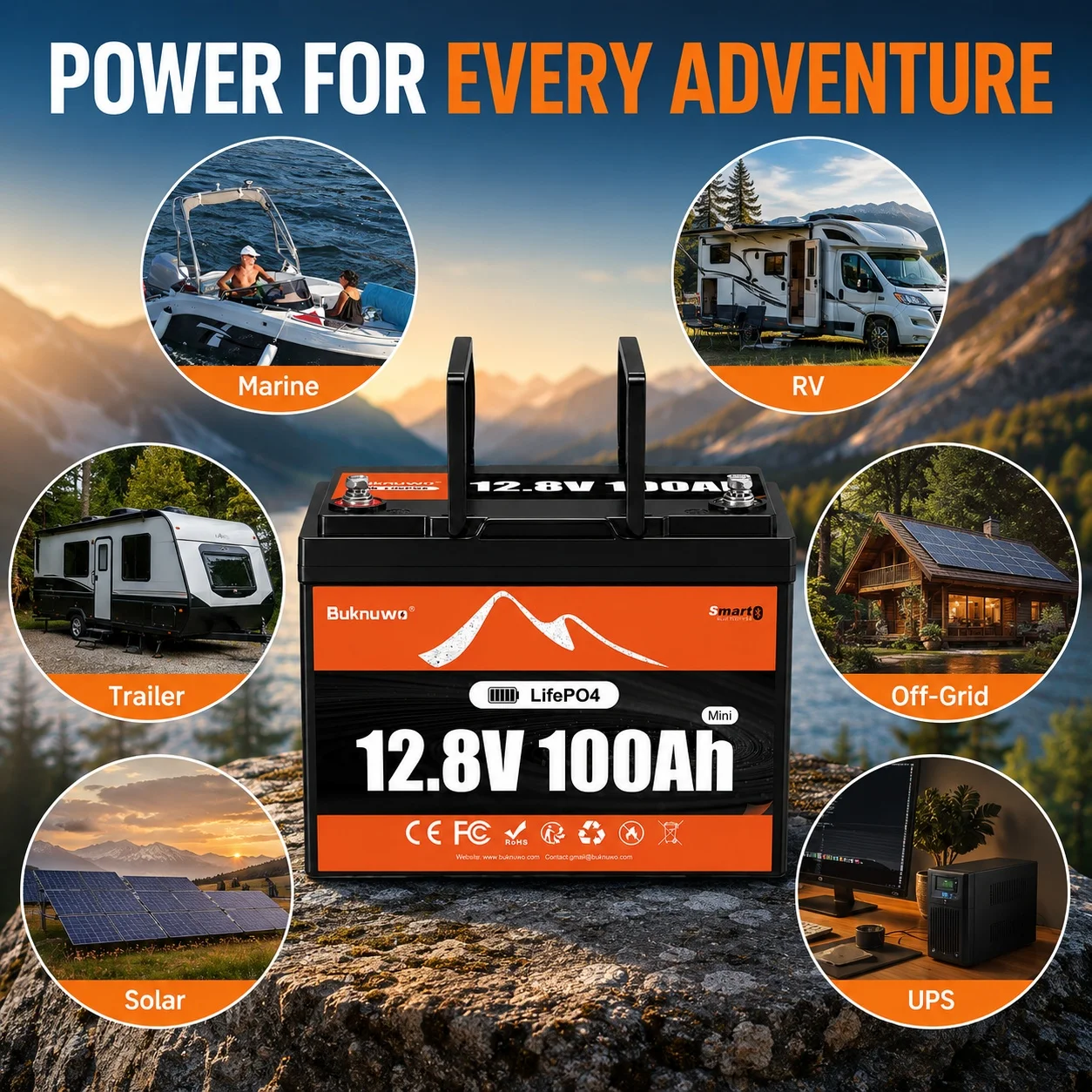 BUKNUWO 12V 1280Wh Deep Cycle Mini LiFePO4 Lithium Battery Built-in Bluetooth BMS 100A Storage 5000 Cycles 5-Year Warranty Series/Parallel for RV Solar Marine Off-Grid