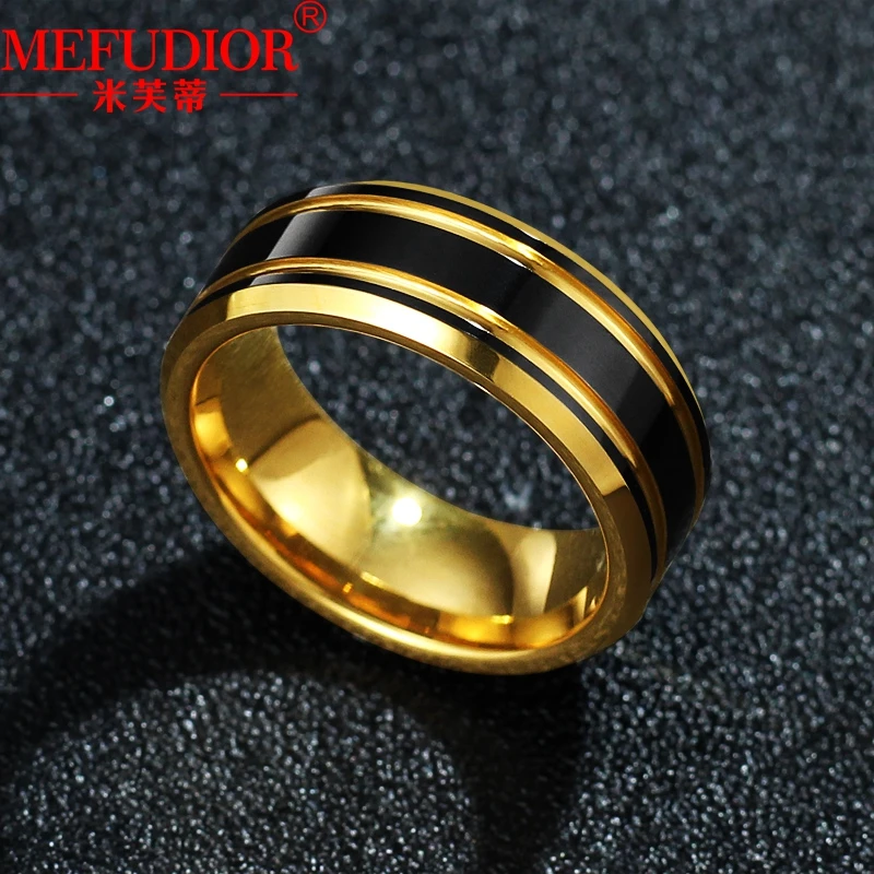 Tungsten Gold Men Ring 8MM Black Gold Colour Hip Hop Wedding Band High Quality for Couple Party Jewelry Gift