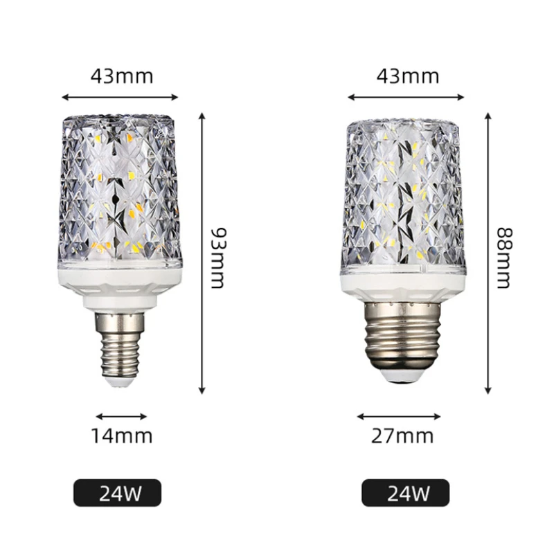 หลอดไฟ LED คริสตัล24W/40W E27/E14สกรูสามสีหรี่แสงได้220V บ้านหลอดไฟประหยัดพลังงานในครัวเรือนโคมไฟระย้า