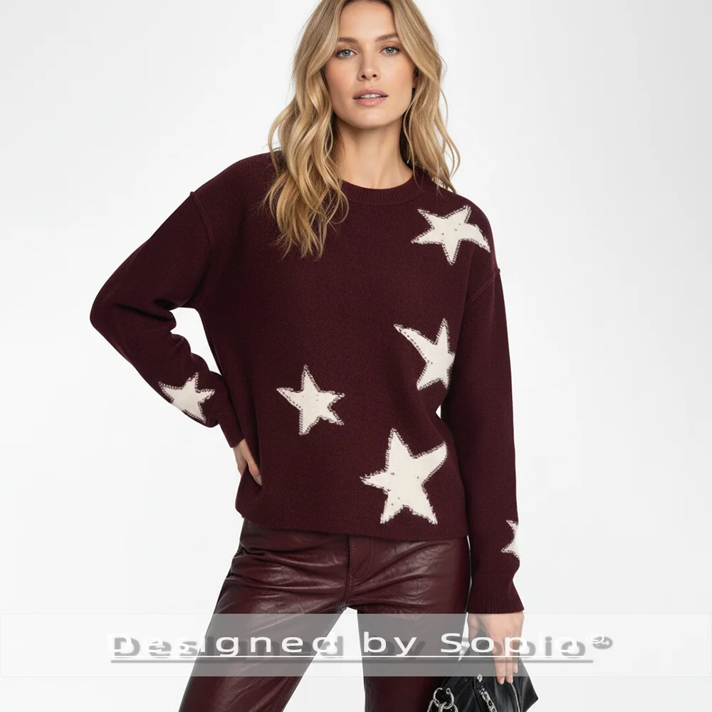 

Star Cashmere Knitted Sweater Women Autumn Winter Contrast Color O-Neck Fashion Sweaters Long Sleeve Vintage Pullover 2025