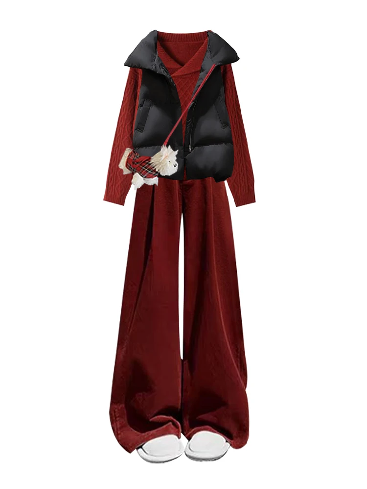 Conjunto informal de talla grande para otoño e invierno, suéter de punto rojo para mujer, chaleco Jaet de algodón, prendas de vestir exteriores, pantalones de pierna ancha, conjunto de camiseta