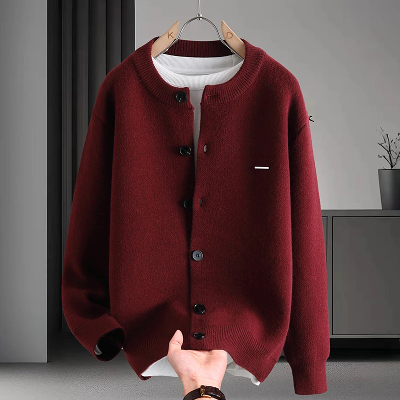 

Мужской вязаный кардиган свободного кроя с круглым вырезом, модный повседневный свитер с длинными рукавами, удобная верхняя одежда из полиэстера