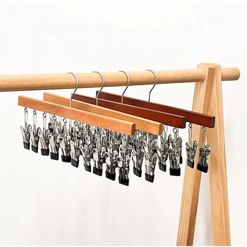 5Pcs Wooden Trouser Clip Household Seamless Stainless Steel Multi-functional Wardrobe with Clip Skirt Pants Hanger Storage