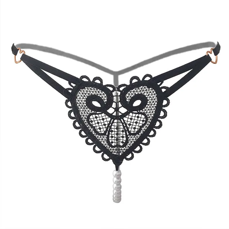 

Women's Low Waist Mini Thong Lingerie with Transparent Pearl Lace Beads Sexy Lace Briefs Underwear