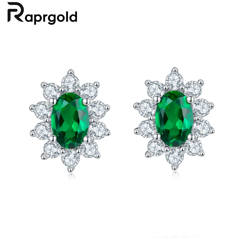 RAPRGOLD Created Emerald Stud Earrings for Women 925 Sterling Silver Piercing Earring Wedding Party Gemstone Fine Jewelry Gifts