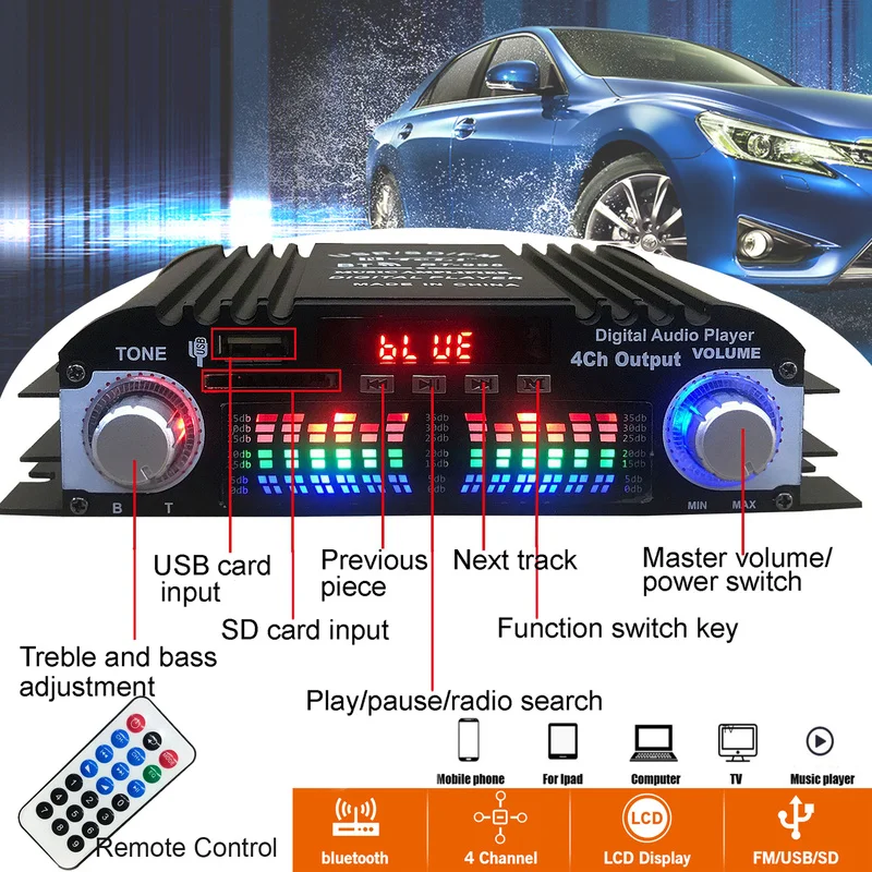 12V Bluetooth Car Amplifier Audio System Stereo Audio Box 4 Voice Channels FM U Disk Audio Player with Remote Control