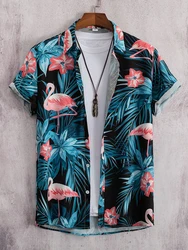 2023 Hawaiian Shirt Men Fashion Flower Geometric Printed Blouse Single-breasted Beach Short SleeveTops Men's Holiday Clothing