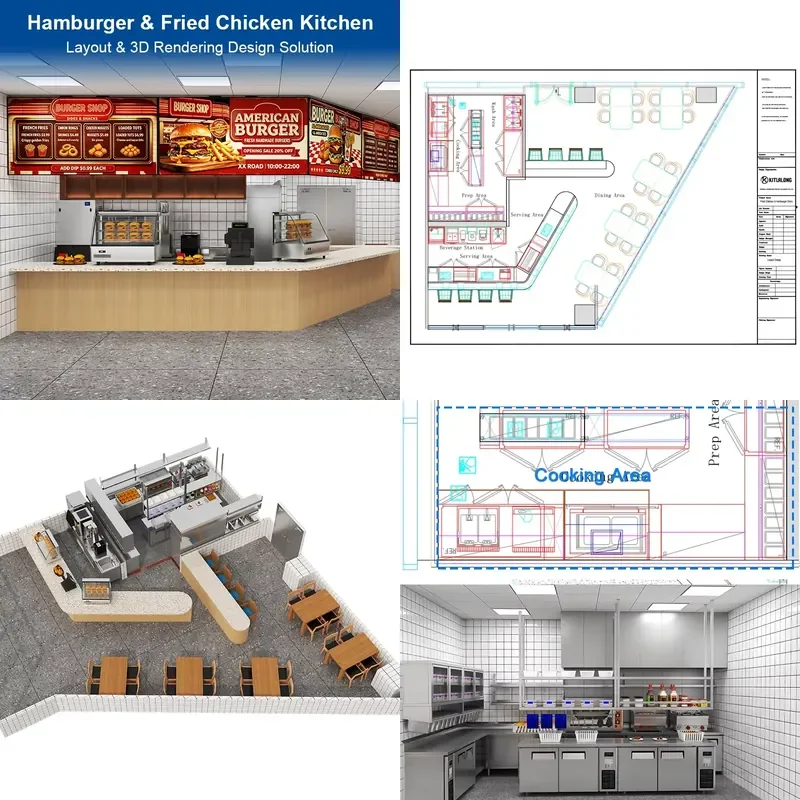 for Hamburger Fried Chicken Shop Commercial Kitchen Layout 3D Rendering Design Catering Equipment Restaurant Project