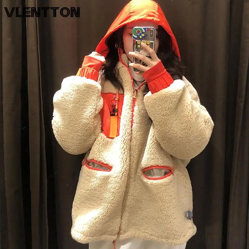 New Winter Thick Warm Lambswool Hooded Jacket Coat Women Casual Zipper Patchwork Loose Outwear Female Oversize Parkas Mujer