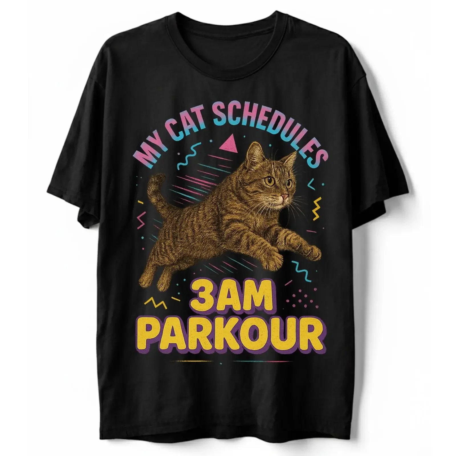 Humorous Cat Parkour 3AM T Shirt Funny Meme Schedule Midnight Humor S 5XL vintage Washed Versatile Slightly Stylish homme